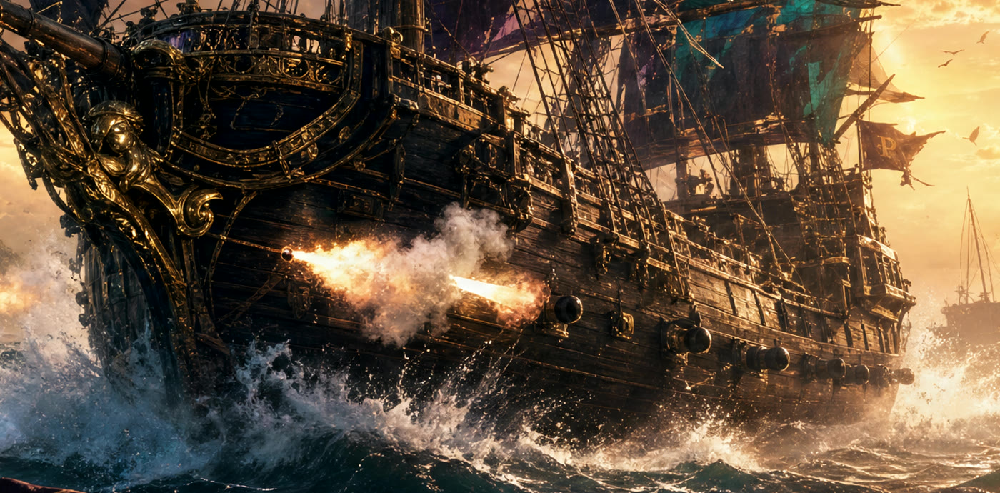 A galleon with teal and purple sails firing a full broadside, muzzle flashes and smoke across the water