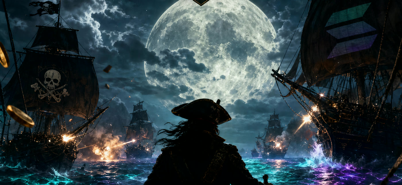 A pirate captain silhouetted at the wheel under a huge moon, rival ships exchanging cannon fire across glowing water