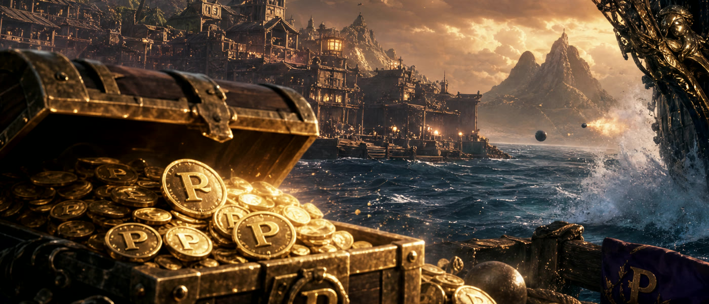 A lantern-lit pirate port on a rocky coastline at golden hour, ships at anchor in the harbour
